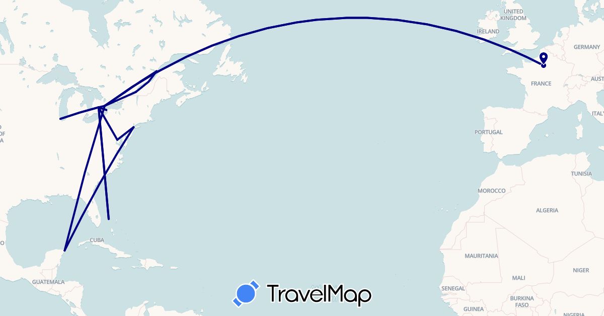 TravelMap itinerary: driving in Bahamas, Canada, France, Mexico, United States (Europe, North America)