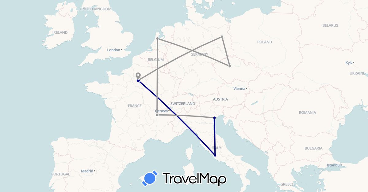 TravelMap itinerary: driving, plane in Czech Republic, Germany, France, Italy, Netherlands (Europe)
